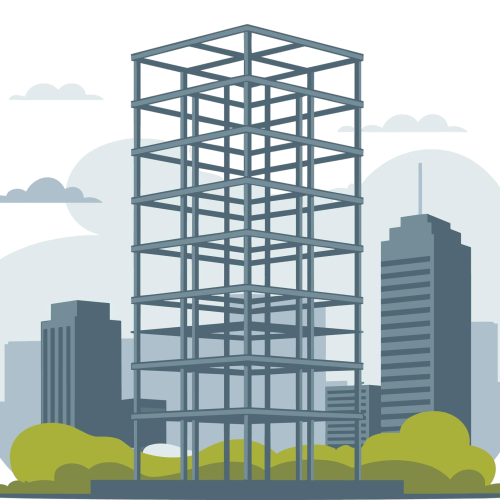 modern skyscraper construction site with steel framework surrounding buildings